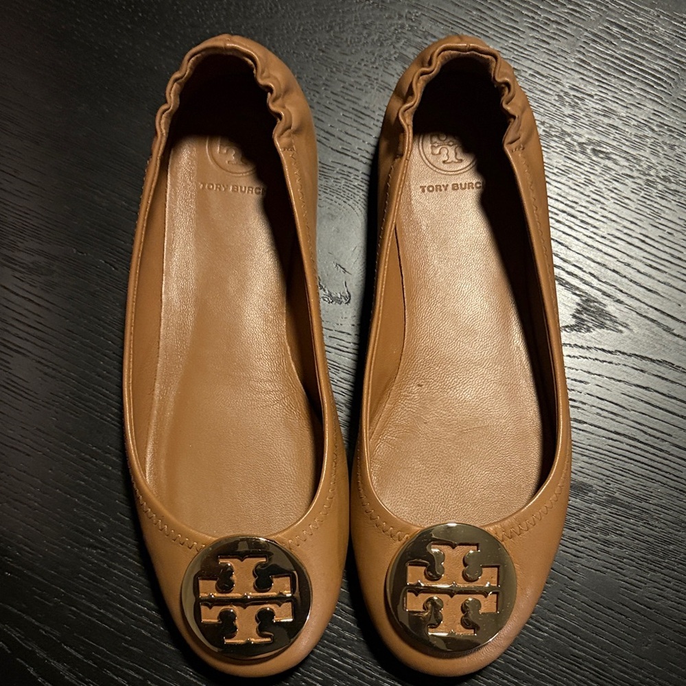 Tory Burch Camel Leather Flats including box